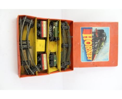 A HORNBY TRAIN PASSENGER SET No.21, clockwork tin-plate engine and tender, in British Railways livery, together with carriage