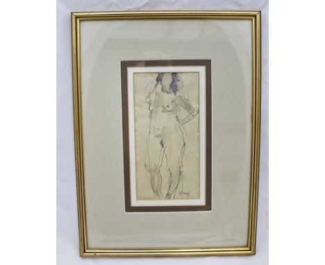 R** S**** A full length study of a female nude, Ink and Wash, indistinctly signed, 19cm x 10cm in gilt glazed frame 