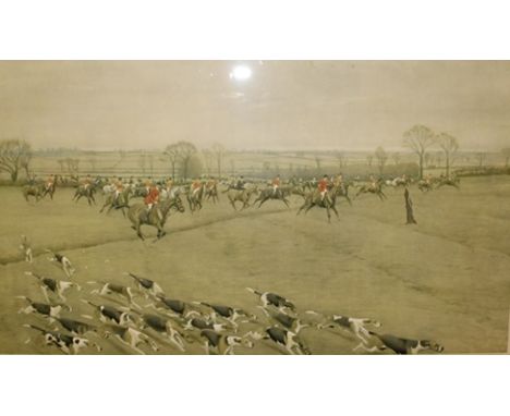 AFTER CECIL ALDIN "Away from Weedon bushes" depicting The Grafton Hunt, a Coloured Hunting Print, signed in pencil to the mou