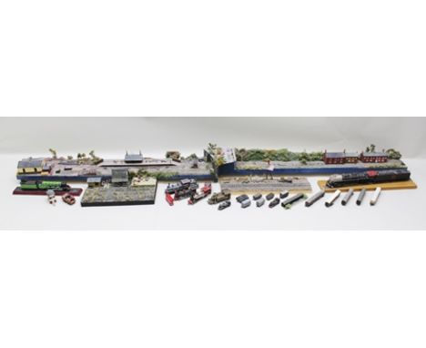 A QUANTITY OF RAILWAY DIORAMAS, including an "N" gauge display with station, yard, figures, cars, engines, rolling stock etc.