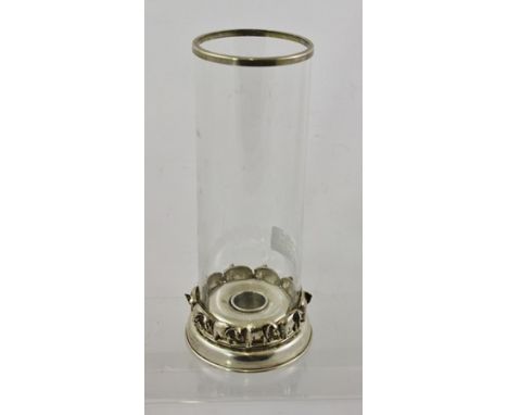 A "LINKS OF LONDON" SILVER BASED STORM LANTERN DESIGN CANDLE HOLDER with band of elephant decoration and plain glass cylinder