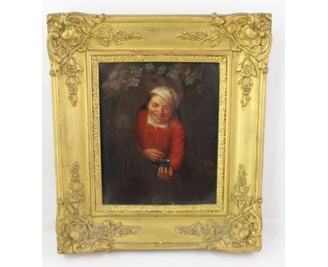 19TH CENTURY FLEMISH SCHOOL A boy popping out of a tree trunk offering snuff, an Oil on panel, unsigned, 22cm x 18cm in perio