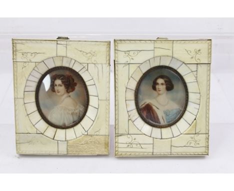 TWO LATE 19TH CENTURY PORTRAIT MINIATURES in the Georgian taste depicting ladies of fashion, 6cm x 5cm in "piano key" frames 