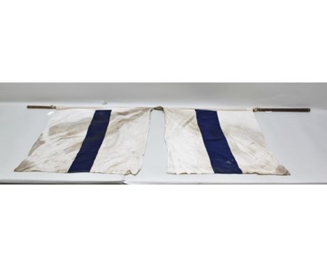 A PAIR OF FIRST WORLD WAR SIGNAL FLAGS having white ground with a central blue stripe (vendors family provenance - states cam