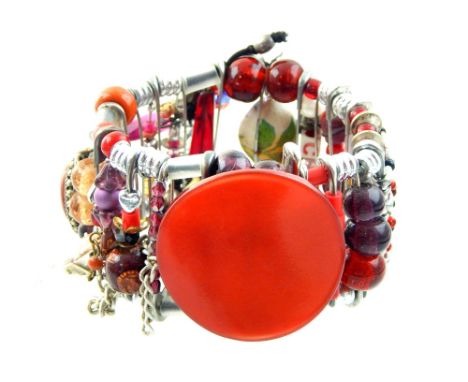 Modern white metal and bead bracelet, circular red button to side, constructed of safety pins 