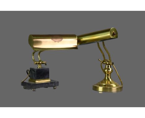 20TH CENTURY BRASS DESK LAMP, on a stepped square marble base on four ball feet, 36cm high, along with another (2) Provenance