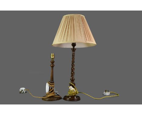 GEORGE III STYLE MAHOGANY CANDLESTICK CONVERTED TO TABLE LAMP, with urn sconce above a spiral twist column and circular base,