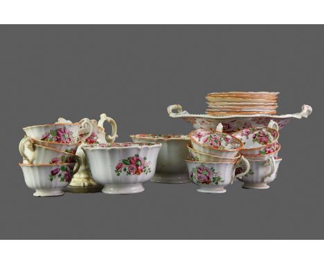 LATE VICTORIAN ENGLISH PORCELAIN PART TEA SERVICE, comprising ten cups and saucers, a cream jug, a sugar bowl, and a slop bow