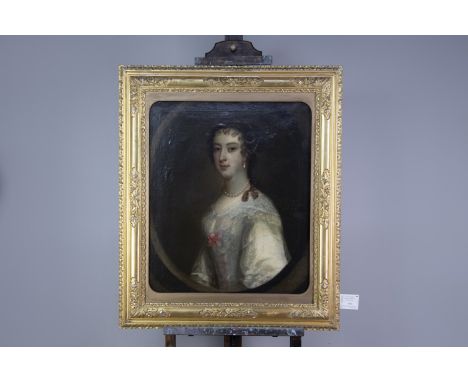 ENGLISH SCHOOL, EARLY 18th CENTURY HALF LENGTH PORTRAIT OF THE RT. HON. THE COUNTESS OF CARDIGAN, Oil on canvas, painted oval