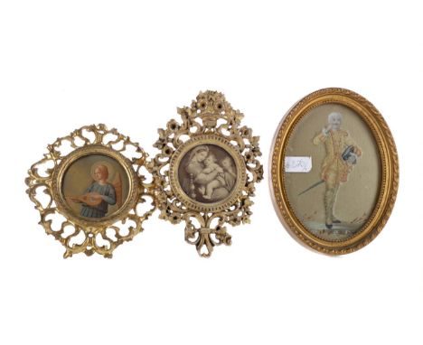 LATE 19TH CENTURY GILTWOOD PICTURE FRAME, carved with scrolling foliage, inset print after Fra Angelico, 19cm x 18cm overall,