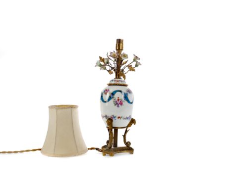 LATE 19TH CENTURY ORMOLU MOUNTED SEVRES STYLE PORCELAIN TABLE LAMP, formed as a ginger jar and cover, decorated with interlac