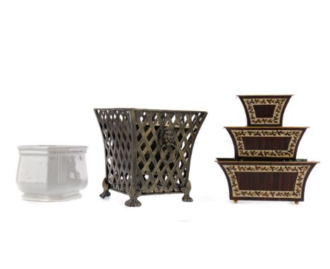 PAIR OF CAST METAL PLANTERS, each tapering faceted bowl painted to simulated granite, with inverted foliate cast rim, 15cm hi