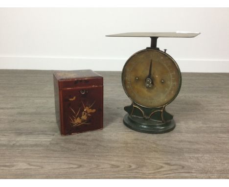 SET OF VICTORIAN POSTAL SCALES,Salter No.25, 27cm high, along with an early 20th century Japanned square tea caddy, 16cm high