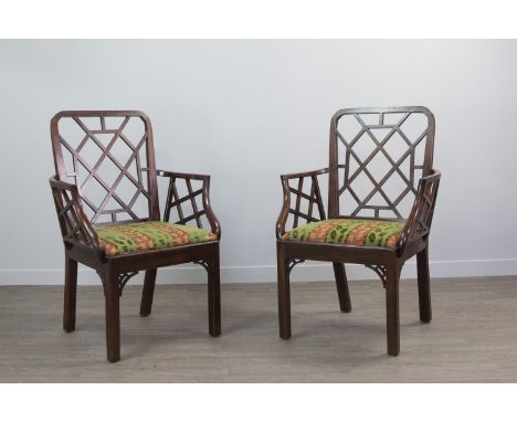 NEAR&nbsp;PAIR OF ATTRACTIVE GEORGE III CHINESE CHIPPENDALE MAHOGANY ELBOW CHAIRS, the shaped back with octagonal trellis mou