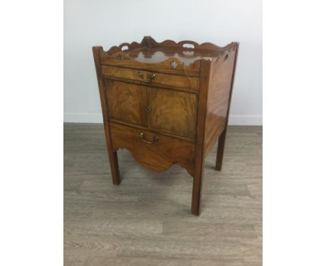 19TH CENTURY MAHOGANY TRAY TOP BEDSIDE COMMODE, the top with pierced gallery, long frieze drawer with cupboard below enclosed