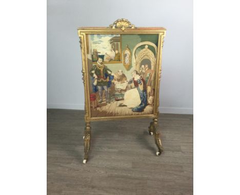 19TH CENTURY GILTWOOD FIRESCREEN, with shell cresting and beaded borders within half round columns, inset needlework panel de