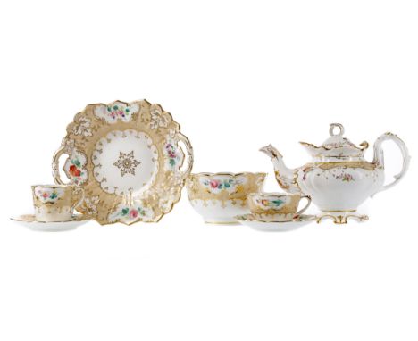 MID-19TH CENTURY ENGLISH PORCELAIN TEA SERVICE, likely Rockingham, comprising teapot and cover, six teacups and saucers, six 