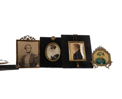 MID-19TH CENTURY PORTRAIT MINIATURE OF A GENTLEMAN, watercolour on paper, modelled in profile, within a gilt metal and black 