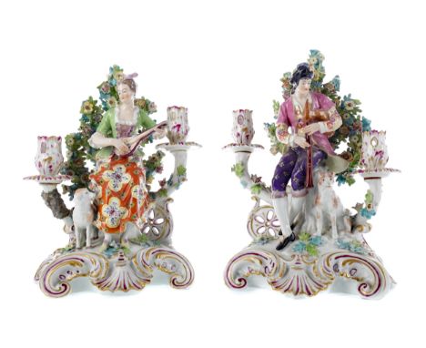 PAIR OF MID-19TH CENTURY SAMSON OF PARIS PORCELAIN FIGURAL CANDELABRA, modelled as young male and female musicians, the male 