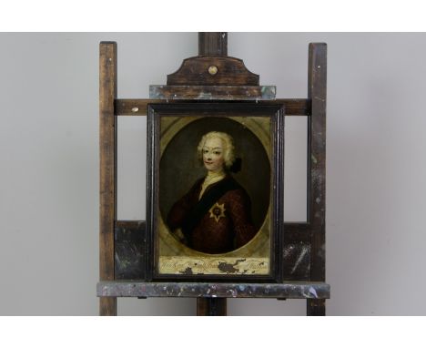 A REVERSE PAINTED HALF LENGTH PORTRAIT OF CHARLES EDWARD STUART, After the Mercier portrait, 25cm x 35cm, also a printed silk