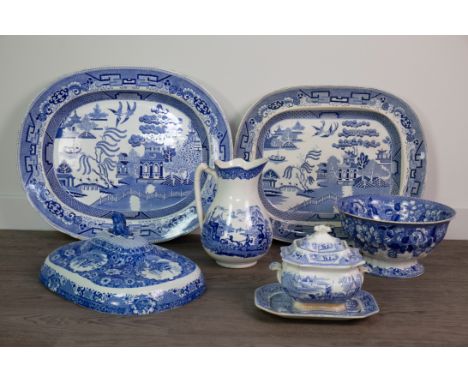 COMPOSITE SET OF SEVEN GRADUATED VICTORIAN BLUE &amp; WHITE STONEWARE SERVING DISHES, predominantly decorated with Chinoiseri