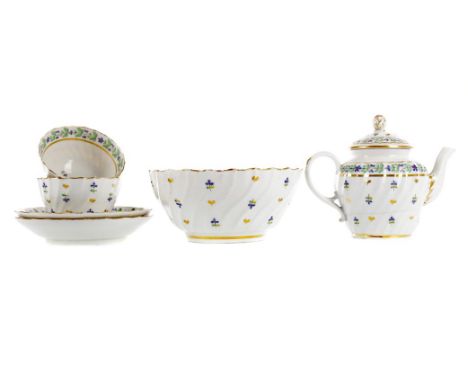 LATE 18TH CENTURY DERBY PORCELAIN PART TEA SERVICE, comprising teapot and cover, two tea bowls and saucers, a slop bowl, and 