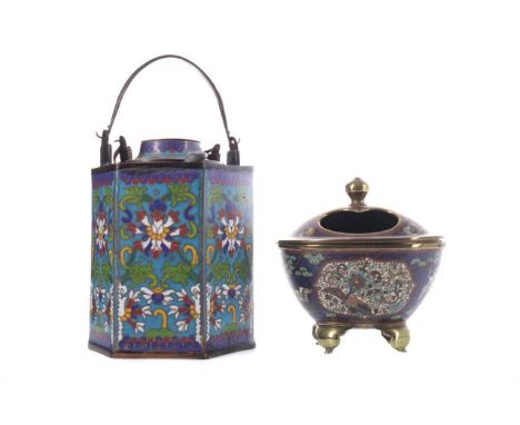 EARLY 20TH CENTURY CHINESE CLOISONNÉ TEAPOT AND COVER, of hexagonal form, with swing handle, 18cm high, along with a Chinese 