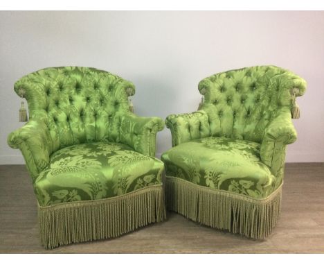ATTRACTIVE PAIR OF VICTORIAN SCROLL BACK ARM CHAIRS, upholstered in green floral button back damask, with tasselled top rails