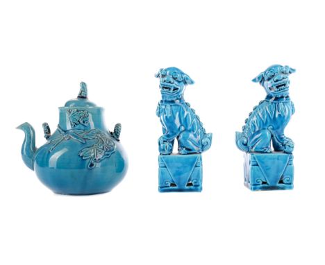 LATE 19TH CENTURY CHINESE TURQUOISE GLAZED TEAPOT AND COVER, of gourd form, the cover with frog finial, the body moulded in r