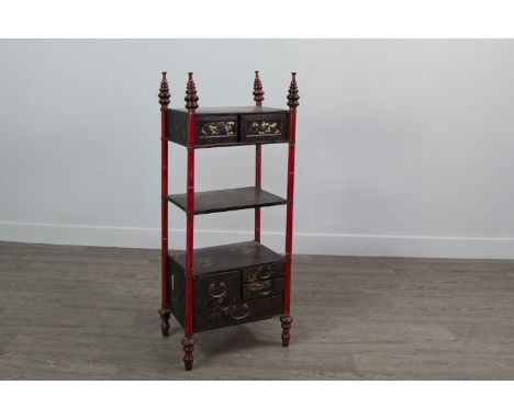 JAPANESE LACQUERED ETAGERE, with three open shelves, the upper shelf with compartment enclosed by two sliding panel doors, th