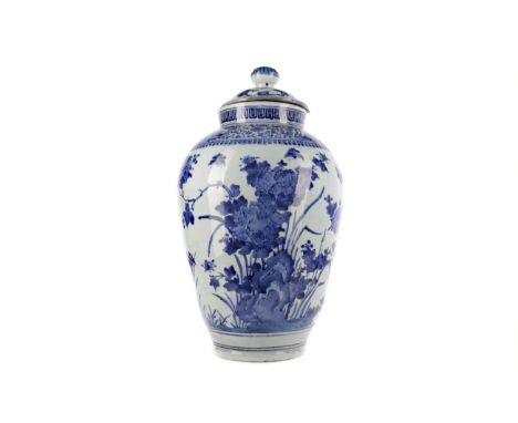 EARLY 19TH CENTURY DUTCH DELFTWARE BLUE &amp; WHITE VASE AND COVER, of baluster form, the domed cover with knop finial, the b