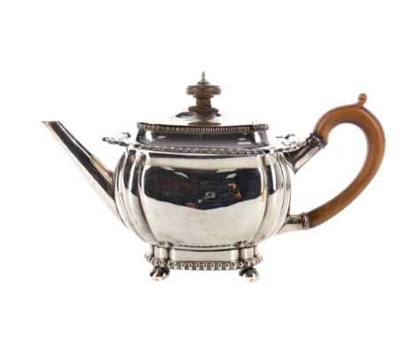 EARLY 19TH CENTURY OLD SHEFFIELD PLATE TEAPOT, of shaped rectangular form, with gadrooned borders, on four ball feet, 12.5cm 
