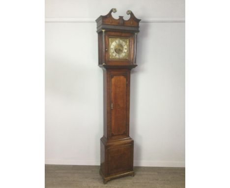 GEORGE III LONGCASE CLOCK, the hood with swan neck pediment with eagle and sphere finial, with thistle inlaid frieze, enclosi