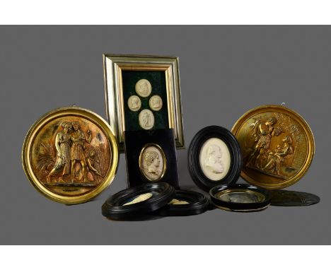 THREE RESIN PORTRAIT MEDALLIONS AFTER JAMES TASSIE, depicting David Hume, Robert Adam and Henry Raeburn, each in an oval fram