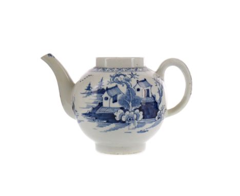 GEORGE III ENGLISH PORCELAIN TEAPOT, likely Longton Hall, of cannonball form with hoop handle, decorated in underglaze blue w