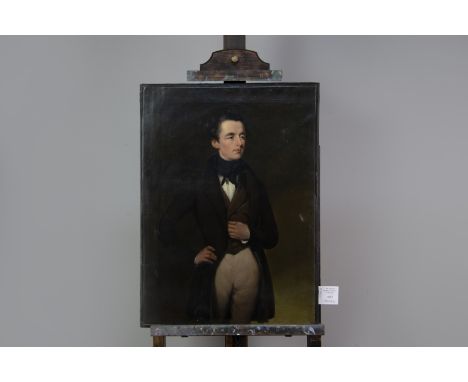 ENGLISH SCHOOL, 19th CENTURY THREE QUARTER LENGTH PORTRAIT OF A GENTLEMAN with black coat and cravat, oil on canvas, 72cm x 5