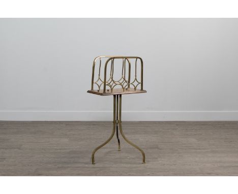 VICTORIAN BRASS AND OAK PAPER RACK, with square section side rails sides, on brass tripod support, 36cm wide Provenance: The 