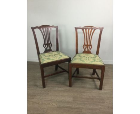 SET OF SIX LATE GEORGE III MAHOGANY SINGLE DINING CHAIRS, of Chippendale design, the serpentine top rail with pierced vase sh