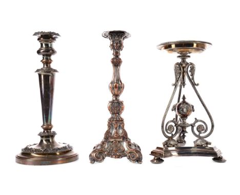 LATE 19TH CENTURY SILVER PLATED CENTREPIECE, the circular bowl with beaded rim, over scrolling tripod supports raised on thre