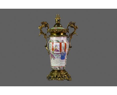 LATE 19TH CENTURY ORMOLU MOUNTED CHINESE FAMILLE ROSE TABLE LAMP, of baluster form, hand-painted with panels depicting court 