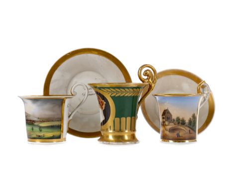 LATE 19TH CENTURY PARIS PORCELAIN CABINET CUP, the footed cylindrical cup with moulded scrolling hoop handle, hand-painted wi