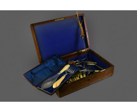 VICTORIAN SILVER PLATED FISH SERVING SET, comprising knife and fork, both with ivory handle, the knife 33.5cm long, contained