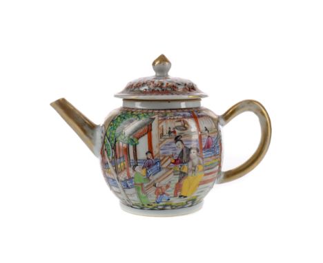 19TH CENTURY CHINESE FAMILLE ROSE TEAPOT AND COVER, of cannonball form with hoop handle, the domed cover with bud finial, the