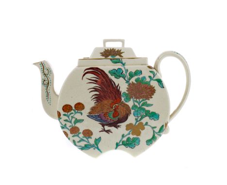 WEDGWOOD AESTHETIC MOVEMENT EARTHENWARE TEAPOT AND COVER, of flattened crescent form with hoop handle, the oblong cover with 