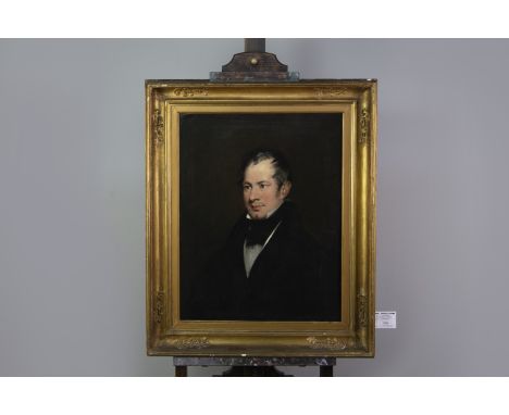 ENGLISH SCHOOL, MID 19th CENTURY HALF LENGTH PORTRAIT OF A GENTLEMAN in black jacket with black cravat, oil on canvas, 58cm x