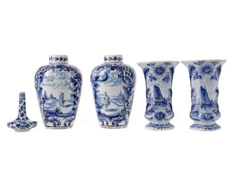 LATE 19TH CENTURY DUTCH DELFTWARE BLUE &amp; WHITE SOLIFLEUR VASE, of flattened disc form with elongated neck, marks to base 