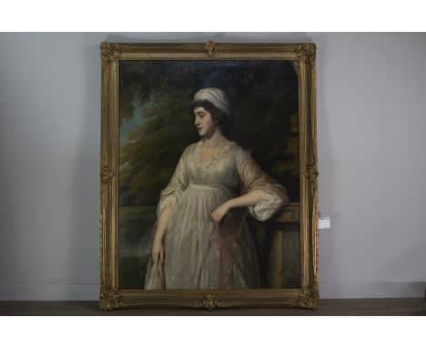 FOLLOWER of RAEBURN THREE QUARTER LENGTH PORTRAIT OF A LADY in white dress with delicate pink silk shawl and white cap, stand