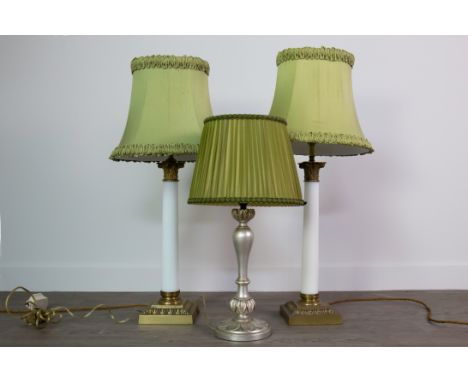 PAIR OF OPAQUE GLASS AND BRASS CORINTHIAN PILLAR TABLE LAMPS, with square bases, wired for electricity, fabric shades, 70cm h