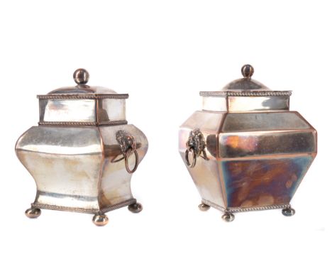 EARLY 19TH CENTURY OLD SHEFFIELD PLATE TEA CADDY, of bombe form, with twin lions head and hoop handles, the hinged cover with