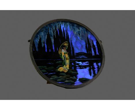 ART DECO COLLAGE OF A GEISHA, modelled from butterfly wings, depicted standing on a rock, in a circular white metal frame wit